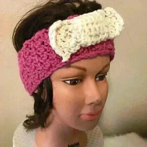 Crochet pink headband with bow on front girls one